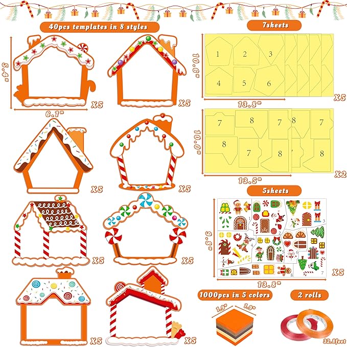 40PCS Christmas Crafts Bulk: Gingerbread House Paper Suncatchers DIY Kit for Winter Xmas Holiday Activities Decorations, Window Stained Glass Effect Art Ornaments