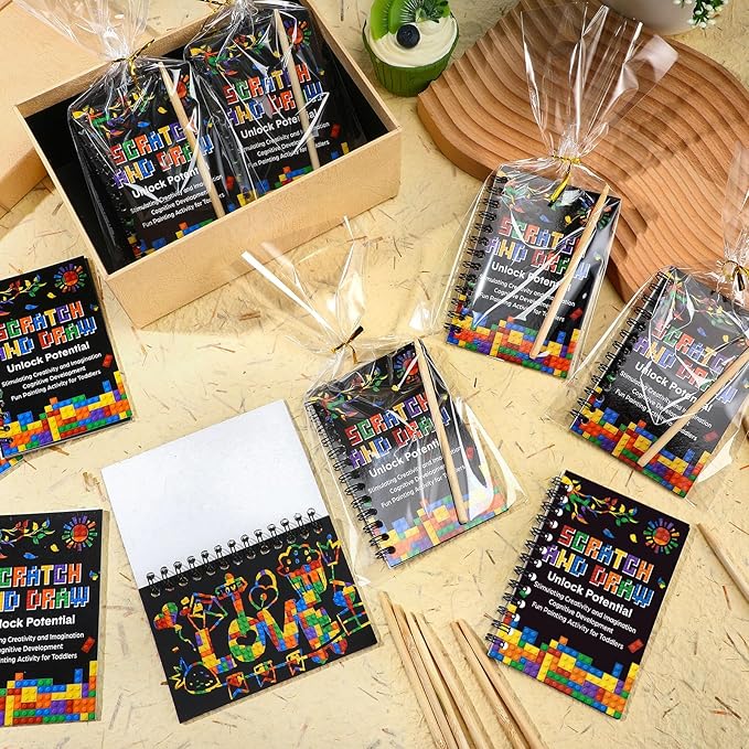 Pasimy 24 Set Scratch Art Party Favor Gifts for Kid Building Block Scratch Notebook Bulk Paper Craft for Girl Boy Classroom Prizes Goodie Bag Stuffer Christmas Birthday Party Favor