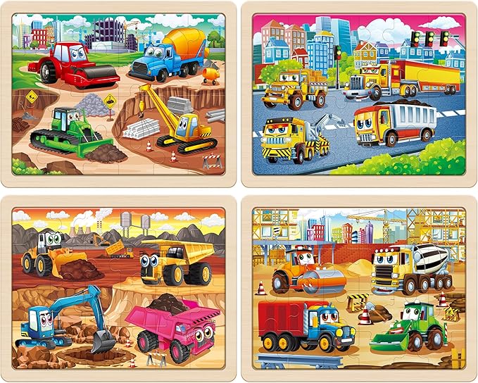 SYNARRY Large Wooden Construction Vehicle Puzzles for Toddlers 3-5, 24 Piece Monster Truck Puzzles for Kids Ages 4-6, Construction Toys for 3 4 Year Old, Kids Toys Gifts for 3 4 5 Year Old Boys Girls