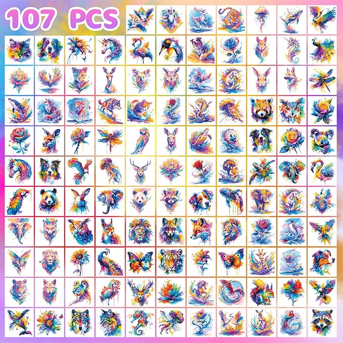 Aresvns Watercolor Cute Animals Temporary Tattoos for Kids, 117 Patterns Kwaii Lion Dog Wolf Owl Butterfly Tattoo for Girls Boy Tiny Tattoo for Birthday Party Decoration Supplies Summer Accessories