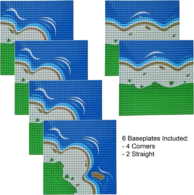 Apostrophe Games Island Building Blocks Base Plates Compatible with All Major Brands - 6 Pack of Beach Plates - 4 Corners & 2 Straight