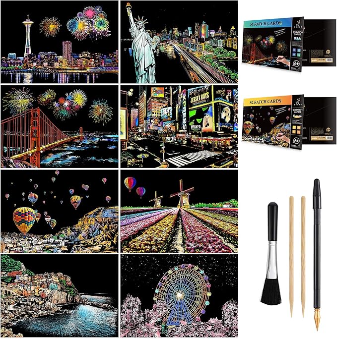 Scratch Art for Teens & Adults, Rainbow Engraving Painting Landscape Scratchboard(A4) Crafts Set: 8 Sheets with 4 tools - New York, Statue of Liberty, Golden Gate Bridge, Manarola (America / Europe)