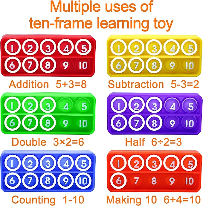 Ten Frame Pop Math Manipulatives - Set of 6 Silicone Fidget Toys for Kindergarten Classrooms - Engaging Educational Counting & Addition Toys for Kids 3 4 5 Years Old