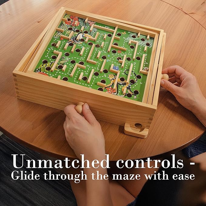 STERLING Wooden Labyrinth Marble Maze Game, Large 12.75" x 11.5" Tilt Maze Game Board with 60 Waypoints and Marble Balls Included, for Kids and Adults 6 Years and Up, Natural Jungle