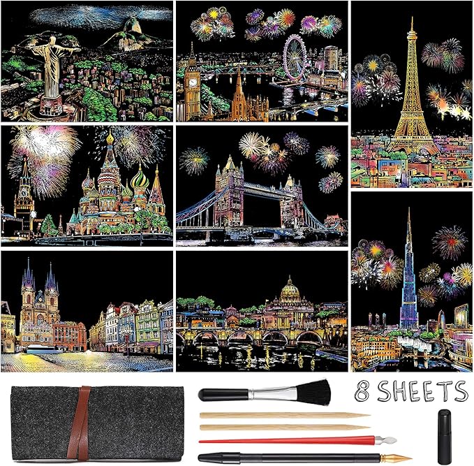 Scratch Art for Adults Kids, Rainbow Painting Night View Scratchboard(A4), Crafts Set: 8 Sheets Scratch Cards with 6 tools in Bag - Fireworks, Big Ben, Cristo Redentor, Ferris Wheel(Landmark Building)