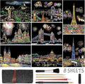 Scratch Art for Adults Kids, Rainbow Painting Night View Scratchboard(A4), Crafts Set: 8 Sheets Scratch Cards with 6 tools in Bag - Fireworks, Big Ben, Cristo Redentor, Ferris Wheel(Landmark Building)