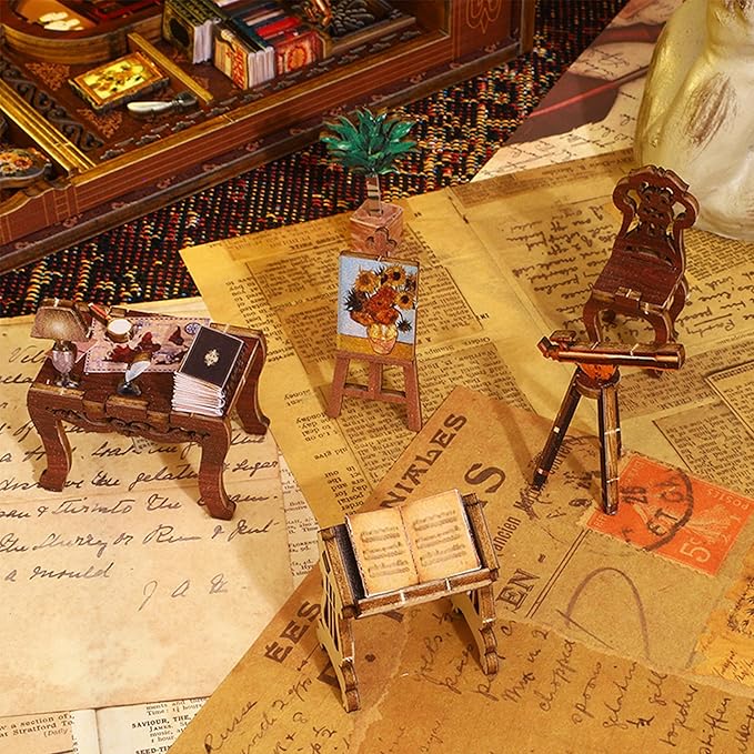 ISSEVE DIY Book Nook Kit, 3D Wooden Puzzle DIY Miniature House Kit for Booknook Shelf Insert Decoration, Magic Book House Stand Bookshelf Dollhouse for Adults with Sensor Light (Library of Books)