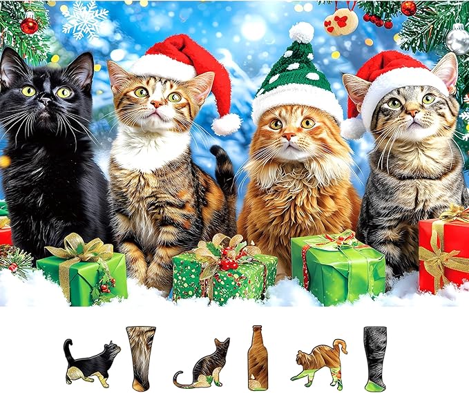 500 Piece Christmas Cats Jigsaw Puzzle for Adults Festive Animal Winter Scene Holiday Puzzle with Letters on Back Vintage Fun Santa Hats Kitten Family Challenging Puzzles Game for Seniors Adults
