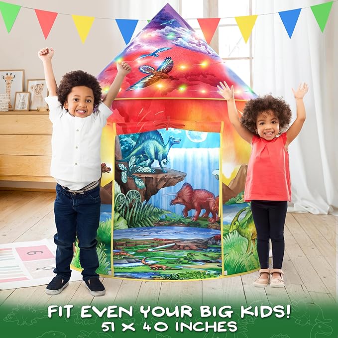 W&O Dinosaur Discovery Kids Tent with Roar Button, Dinosaur Toys and LED Lights - Epic Pop Up Tent for Boys & Girls - Perfect for Indoor & Outdoor Adventures