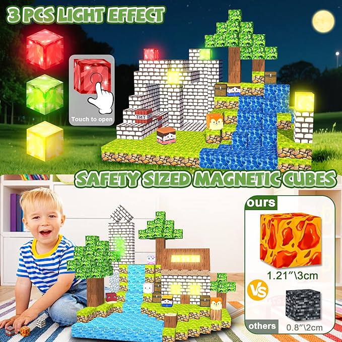 Magnetic Blocks,1.21" 100PCS Large Magnetic Building Blocks,Light Up Building Blocks Magnet Cubes Construction Toddlers Toys Set for Kids,STEM Sensory Stacking Toys for 3+ Boys Girls Birthday Gifts