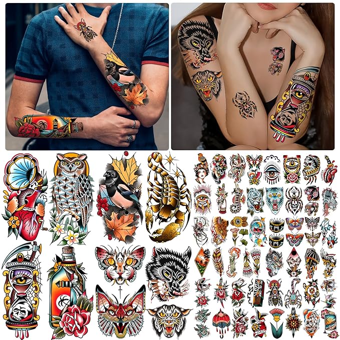 77 Sheets Vintage Temporary Tattoo, Old School Temporary Tatoos Flower Swallows Butterflies Tiger Scorpion Snake Hand Owl Swords for Women Girls and Men, Half Arm Fake Tattoos for Adults Shoulder Arm