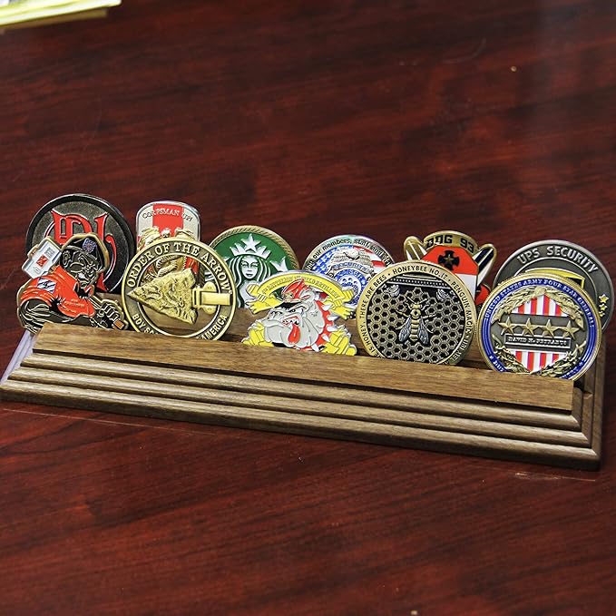 2 Row Challenge Coin Holder - Military Coin Display Stand - Amazing Military Challenge Coin Holder - Holds 10-15 Coins 2 Rows MADE IN THE USA! (SOLID Walnut)