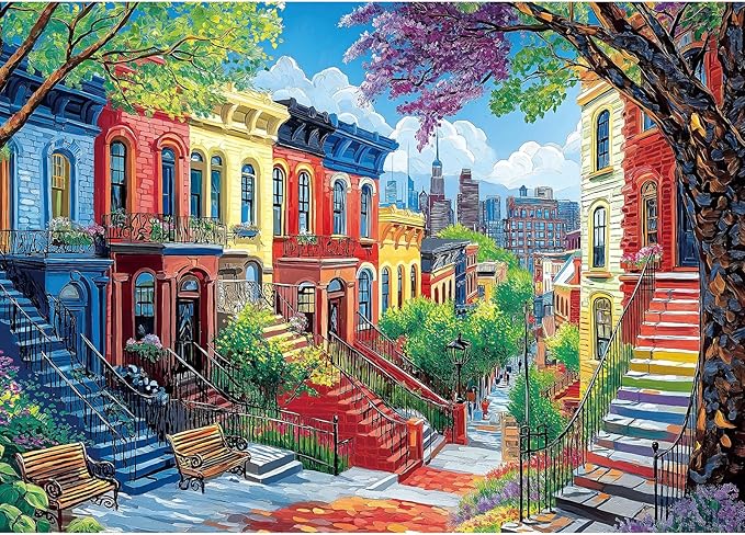 Colorful City Street 1000-Piece Jigsaw Puzzle for Adults - Vibrant Urban Brownstone Scene with Blooming Trees - Challenging Puzzle Games for Adults & Family Game Night (27.6" x 19.7")