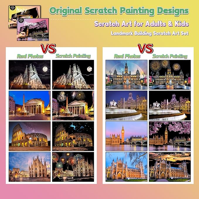 Scratch Art Painting Kit for Adults-8 Sheets A4 Rainbow Scratch Painting Paper Craft Set with City Landmarks|Stress Relief Gift for Travel&Craft Lovers|Scratch Art Home Decor(Europe Series 2)