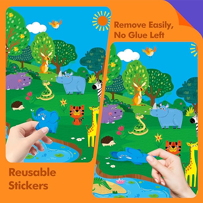 Reusable Sticker Activity Pad, 5 Large Size Scenes, 5 Coloring Pages & 270 Reusable Stickers, Statistic Sticker Pad for Preschool, Kids