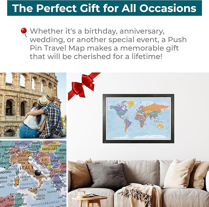Canvas - Personalized Blue Oceans World Push Pin Travel Map with Rustic Black Frame