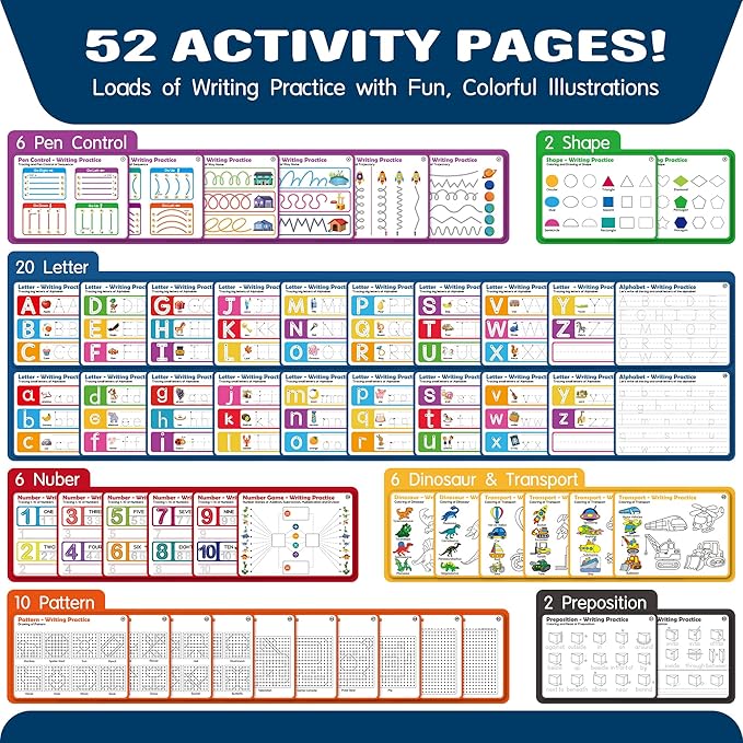 iHarPro Preschool Learning Activities - 52 Pages Handwriting Practice Tracing Books for Kids, Montessori Toys Kindergarten Educational Workbooks Age 3-6, with 12 Dry Erase Markers