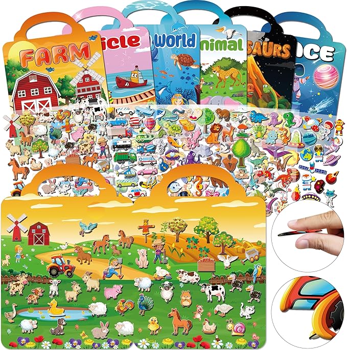 6Set Puffy Sticker Books for Kids, 3D Reusable Stickers Books for Toddlers 3-5,Farm+Animal+Dinosaurs+Ocean World+Space+Vehicle