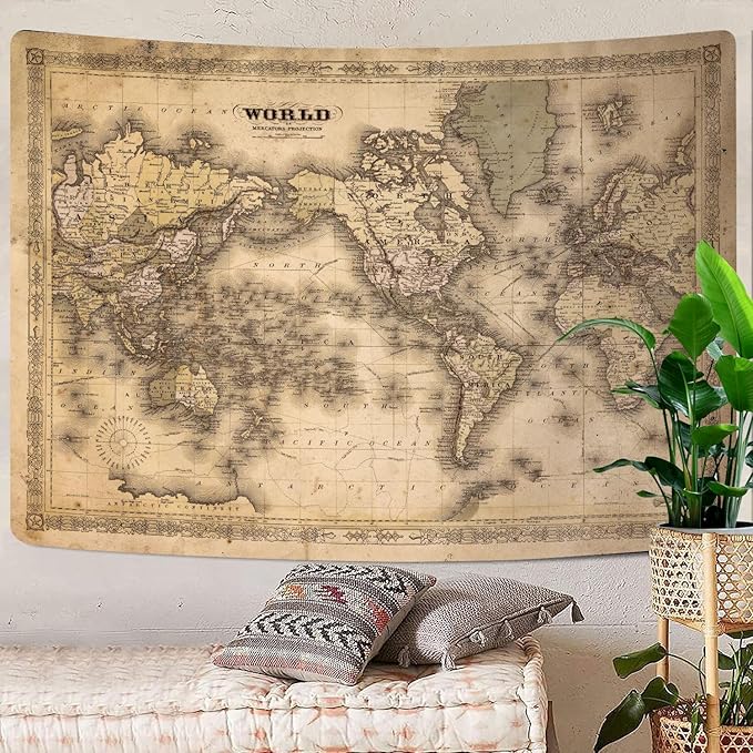 GOAOK Retro Old World Map - Vintage Asian & European Topography - Educational Tapestry for Classroom & Office - Brown Adventure Travel World Map - 60"X40"