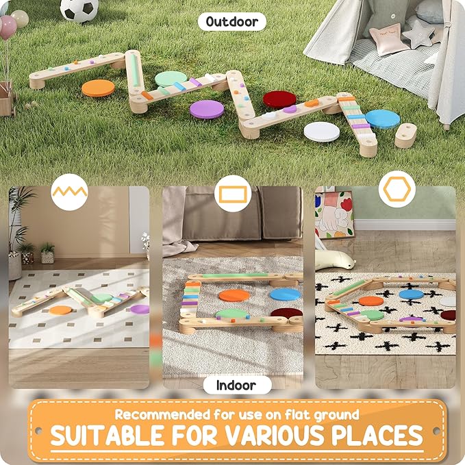 Qaba Kids Balance Beam, Wooden Balance Board with Stepping Stones, Gymnastics Obstacle Course for Toddlers 3-8 Years for Motor Skills Coordination, Indoor Outdoor Use