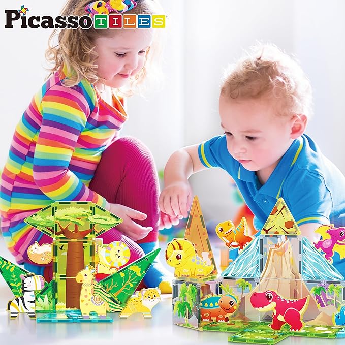 PicassoTiles Magnet Tiles Set Magnetic Building Blocks Safari Animals Dinosaur Theme with 16 Action Figure Construction Blocks STEM Toys Education Preschool Toy for Toddlers Boys Girls Ages 3+ PTQ28