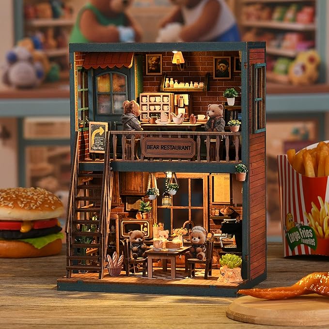 ISSEVE Book Nook Kit - DIY Miniature House Kit for Adults, Teens and Beginners, Dollhouse Booknook Craft Tiny House Bookshelf Decor 3D Wooden Puzzle, Gifts for Friends Family (Bear Restaurant)