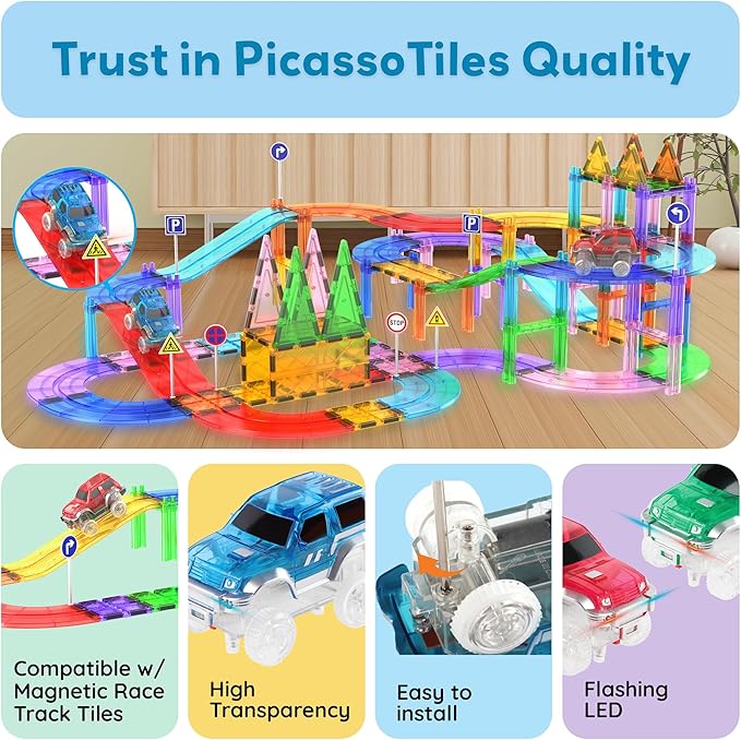 PicassoTiles 3 Magnetic Toy Cars Set Light Up LED Highly Detailed Compatible with Magnet Car Race Track STEM Truck Replacement Accessories Educational Building Kits for Toddlers Boys & Girls Ages 3+
