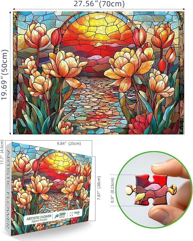 Stained Glass Flower Puzzles for Adults 1000 Pieces Colorful Impossible Hard Puzzle for Adults Beautiful Vintage Flowers Art Jigsaw Puzzles 1000 Pieces Unique Challenging Floral Family Puzzle