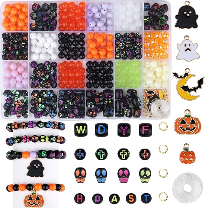 XIANNVXI 480pcs 23color Halloween Glass Beads Jewelry Making Kit Black Orange Purple White Friendship Bracelet Supplies with Halloween Pattern Beads DIY Crafts Kit