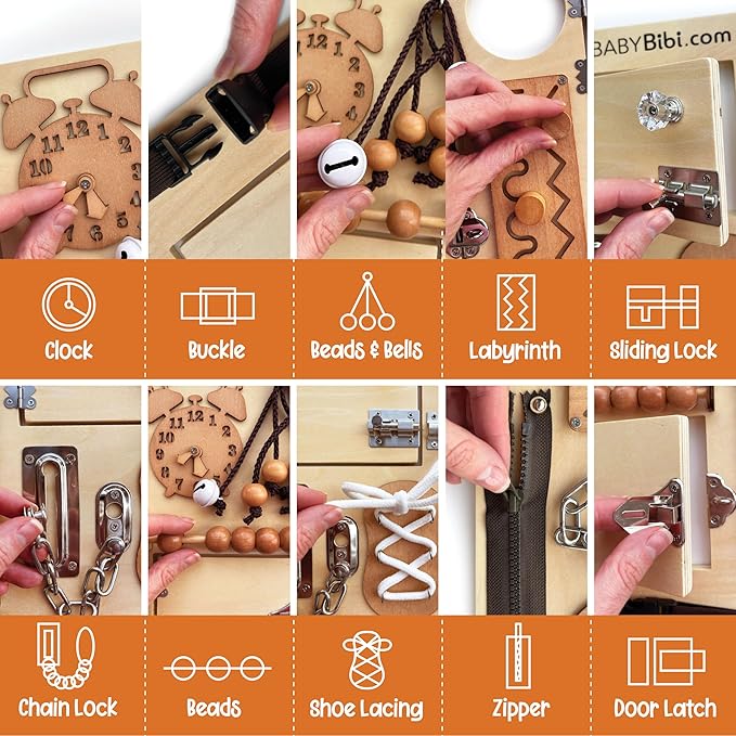 Large Montessori Busy Board - 10-in-1 Sensory Activity Toy for Toddlers with Locks, Shoelaces & More - Education Travel Toy for Boys & Girls Ages 3+