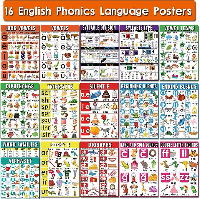 16 English Phonics Posters Language Arts Charts for Kids Toddler Learning Vowels Posters, Phonics Poster for Classroom, Digraphs and Blends Poster, Sound Wall Phonics Chart, Boho Classroom