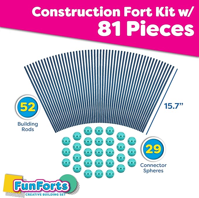 Power Your Fun Forts Kids Tent - 81 Pack STEM Toy Fort Building Kit, Building Toys Play Tent Indoor and Outdoor Playhouse for Kids Construction Toys with 52 Rods and 29 Spheres (Green, Blue)