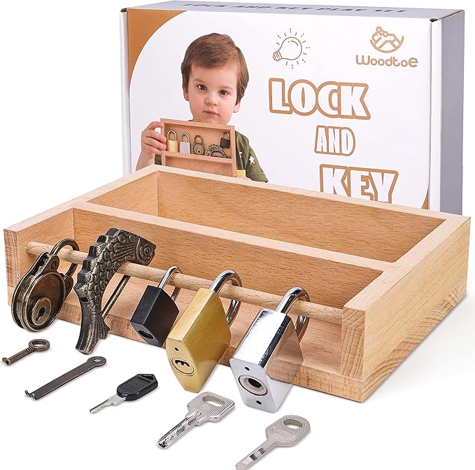 Woodtoe Montessori Lock and Key Toy Set for Kids, Educational Lock Set Keys, Wooden Learning Montessori Materials for 3 4 5 6 Toddlers, Preschool, Home Classroom STEM Educational Birthday Toys