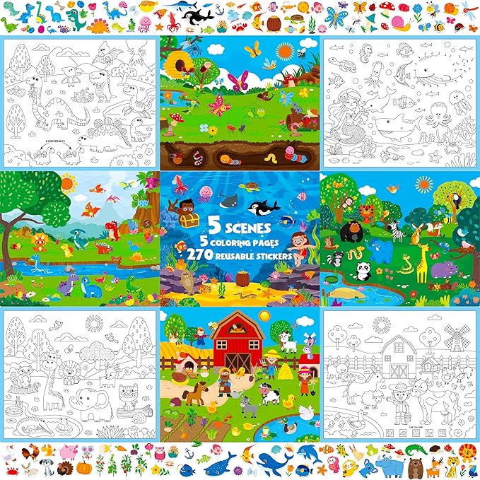 Reusable Sticker Activity Pad, 5 Large Size Scenes, 5 Coloring Pages & 270 Reusable Stickers, Statistic Sticker Pad for Preschool, Kids