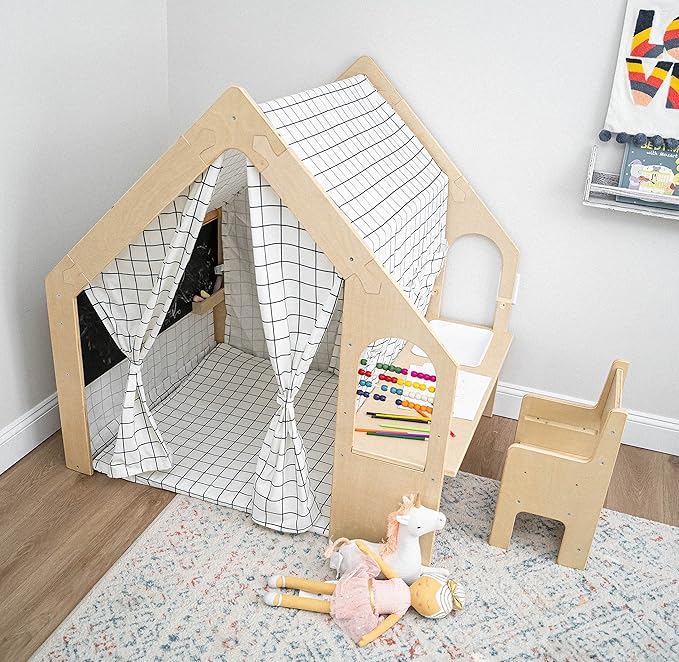 Avenlur Flair Montessori Style Wooden 5 in 1 Indoor Playhouse Play Tent with Desk Table, Chair, Chalkboard, Floor Cushion and Curtain Shades for Babies, Toddlers, Kids (Large, Windowpane)