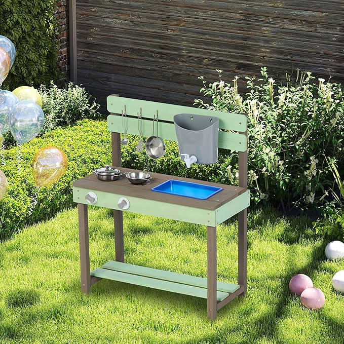 Kid's Wooden Play Kitchen, Outdoor Mud Kitchen with Water Play Set and Cooking Toys, Backyard Play for 3+ Years Kid