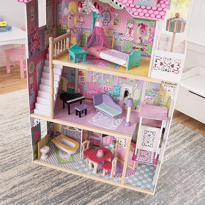 KidKraft Annabelle Wooden Dollhouse with Elevator, Balcony and 17 Accessories, Gift for Ages 3+