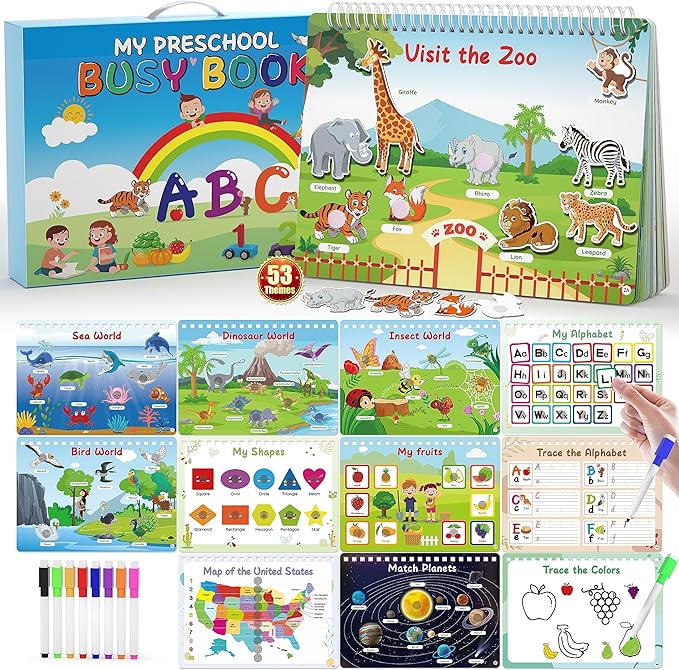WJPC 53 Designs Busy Book for Toddlers 1,2,3,4,5,6 Years. Preschool Learning Busy Board Kids Boys&Girls Quiet Montessori Toddler Activity Book, Tracing Coloring