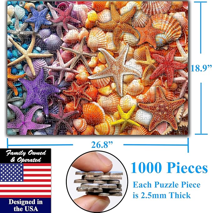 Think2Master Colorful Rainbow of Starfish & Seashells 1000 Pieces Large Format Jigsaw Puzzle for Kids 12+, Teens, Adults & Families. Beautiful Vibrant Illustration Artwork Size: 26.8” X 18.9”