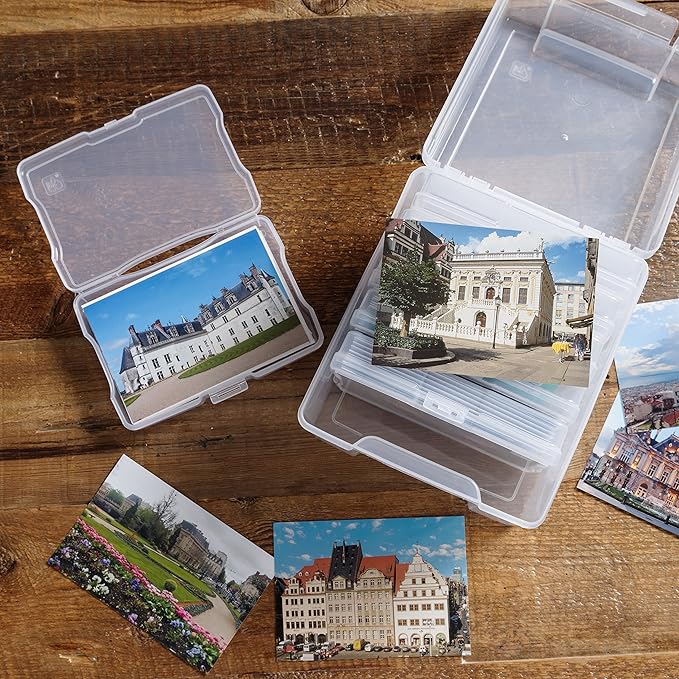 IRIS USA 5" x 7" Photo Storage Box Craft Keeper, Transparent Protection Container with 6 Organization Holder Cases for Pictures, Tasks, Scrapbooking, Stationery Storage, Clear