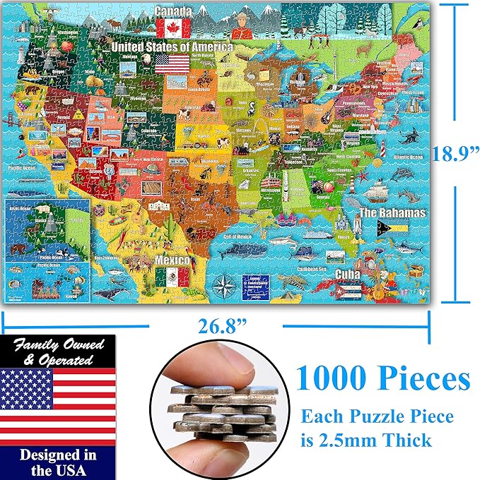 Think2Master Colorful United States Map 1000 Pieces Jigsaw Puzzle for Kids 12+, Teens, Adults & Families. Great Educational Gift for Interest in The USA Map. Size: 26.8” X 18.9”