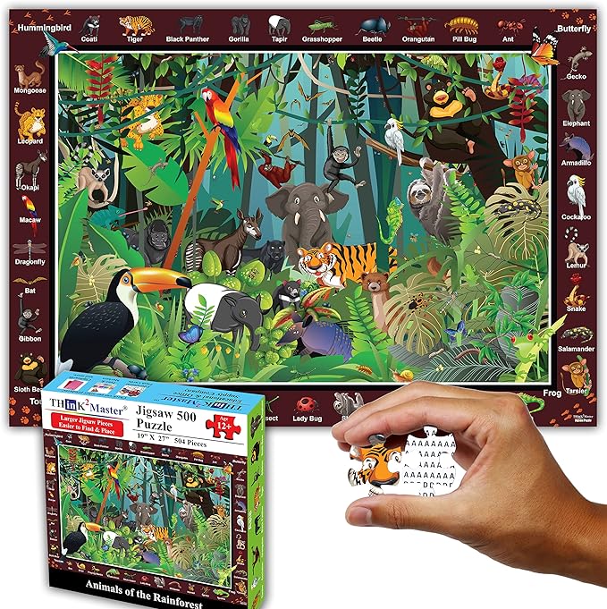 Think2Master Colorful Rainforest Jungle Zoo Animals 500 pieces Large Format Jigsaw Puzzle for kids 12+, teens, adults & families. Great gift for stimulating learning about animals. Size: 26.8” X 18.9”