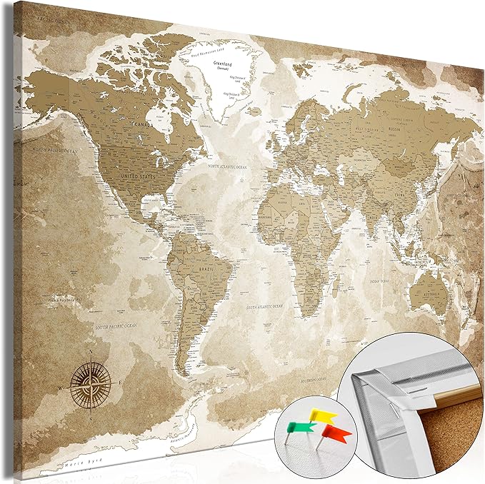 artgeist Pinboard World Map 35x24 in - Cork Board & Canvas Print Wall Art 1 pcs Memoboard with 50 Pins Noticeboard Message Board Image Picture Home Decor Travel Map Map of The World k-C-0127-p-a