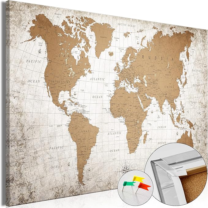 artgeist Pinboard World Map 35x24 in - Cork Board & Canvas Print Wall Art 1 pcs Memoboard with 50 Pins Noticeboard Message Board Image Picture Home Decor Travel Map k-C-10001-p-a