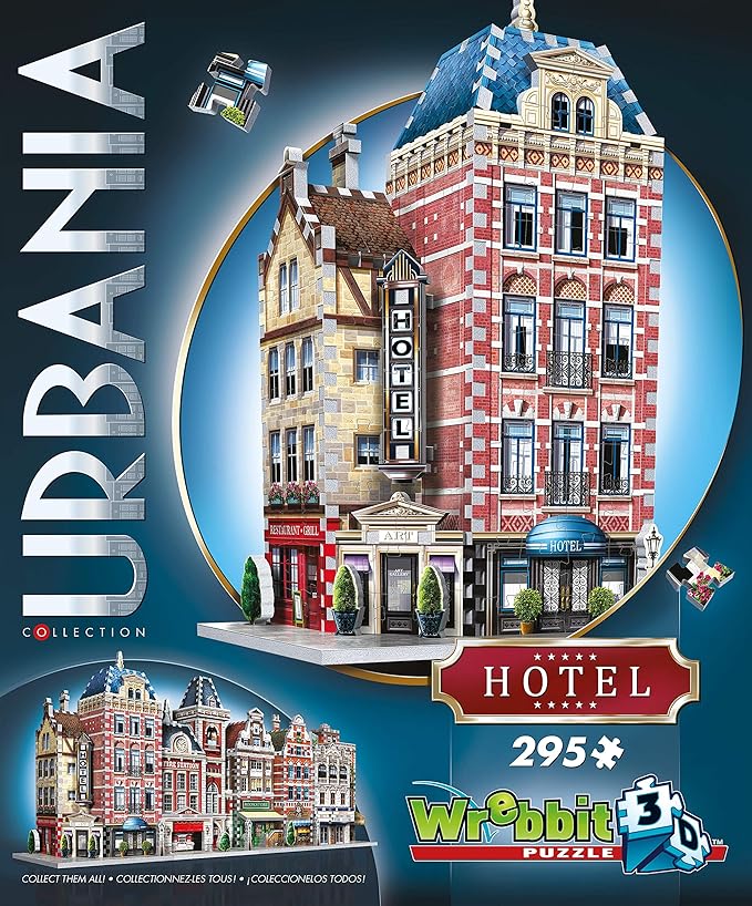 Wrebbit 3D Urbania Collection 3D Puzzle Bundle | Includes Hotel, Cinema, Café and Fire Station | 1165 Pieces Jigsaw Puzzle Pieces Total | Build a Charming and Unique Streetscape of a Small Town