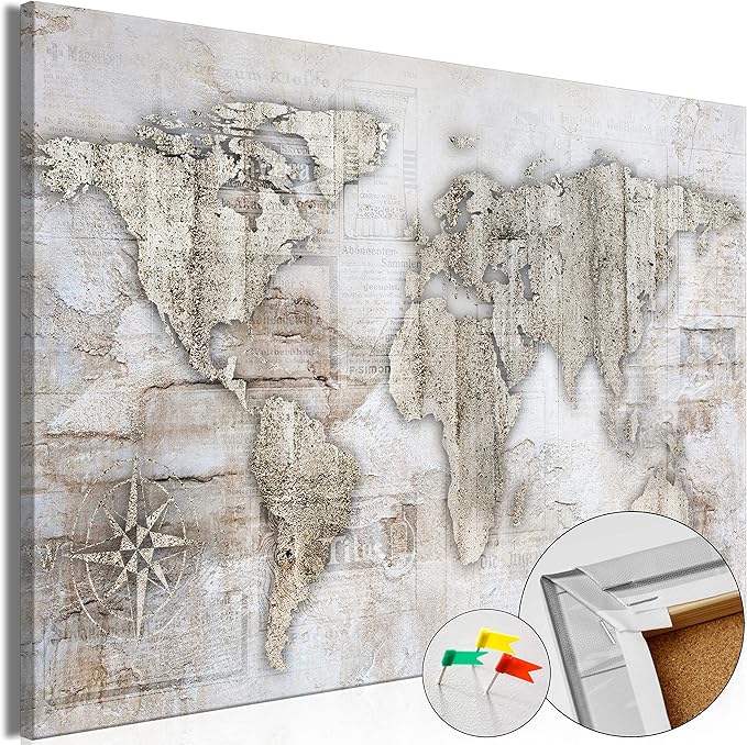 artgeist Pinboard World Map 35x24 in - Cork Board & Canvas Print Wall Art 1 pcs Memoboard with 50 Pins Noticeboard Message Board Image Picture Home Decor Travel Map k-A-0502-p-a