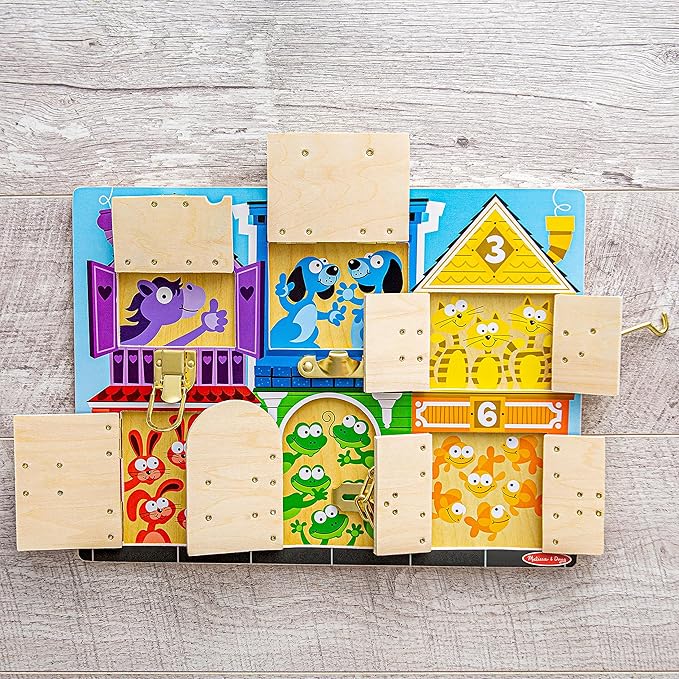 Melissa & Doug Wooden Latches Board Sensory Activity Toy for Kids, Doors and Locks Toy, Wooden Busy Board, Toddler Toys for Ages 3+