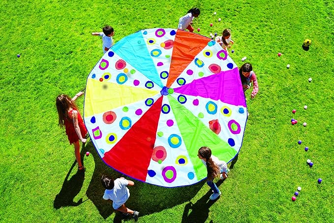 Parachute for Kids with Handles – Rainbow Multi-Colored with 16 Balls in Carry Bag, Parachute Toy for Ages 3+Toddlers, to Seniors (10ft – 12 Handles)