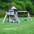 Backyard Discovery Canyon Creek White Cedar Wood Swing Set with Wave Slide, Clubhouse, Play Kitchen, Picnic Area, Belt Swings, Web Swing, Rock Wall, Balconies, Playhouse, Step Ladder, Outdoor Playset