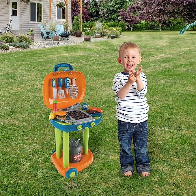 BBQ Grill Toy Set - Interactive Play Kitchen Set with Lights and Sounds, Wheels, Toy Food, and Cooking Accessories by Hey! Play!, Multicolor, (80-PP-TK081711)